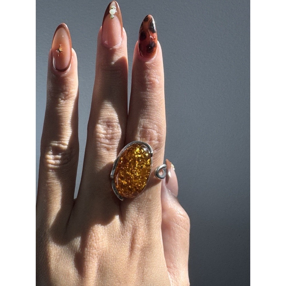 Vintage 925 Sterling Silver & Baltic Amber Ring Sz 8 ADJUSTABLE - Picture 10 of 12